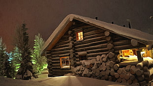 brown wood house, artwork, winter, cabin, snow