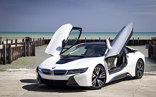 white BMW sports coupe open door near seashore during daytime