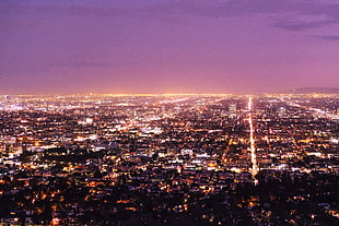 aerial view of city with lights during night