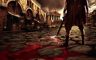 gladiator holding sword wallpaper, Rome, blood, sword