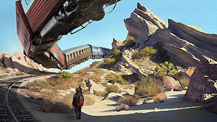 brown and black wooden table decor, artwork, train, flying, desert