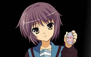 anime character in short purple hair holding a device