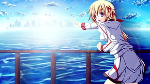 blonde haired with white uniform pointing at the sea anime wallpaper HD wallpaper