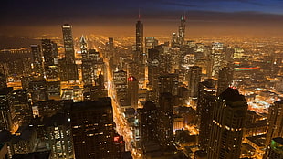 aerial view of cityscape, cityscape, skyscraper, lights, night