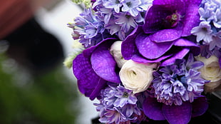 purple and white bouquet of flowers