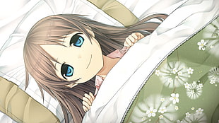 anime girl sleeping on bed with green blanket