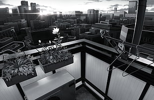 black and white wooden kitchen cabinet, monochrome, balcony, cityscape, anime
