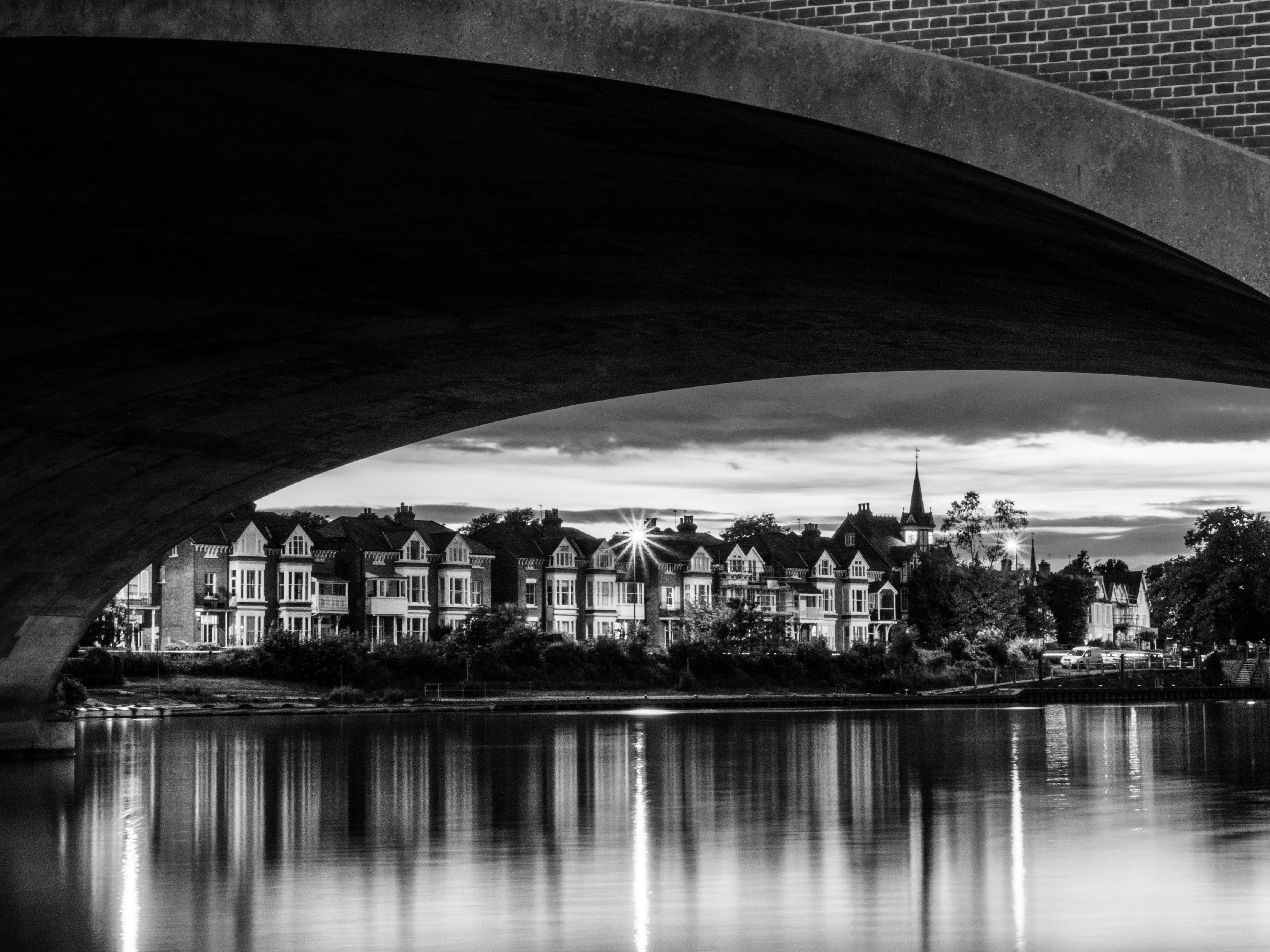 body of water, architecture, building, monochrome, river