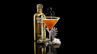 Absolute Vodka bottle with martini glass with black background