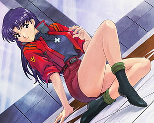 purple haired female anime character in red dress illustration