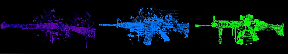 three assorted-color rifles illustration, gun, machine gun, multiple display, triple screen HD wallpaper