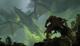 dragon and warriors illustration, fantasy art, Wyvern