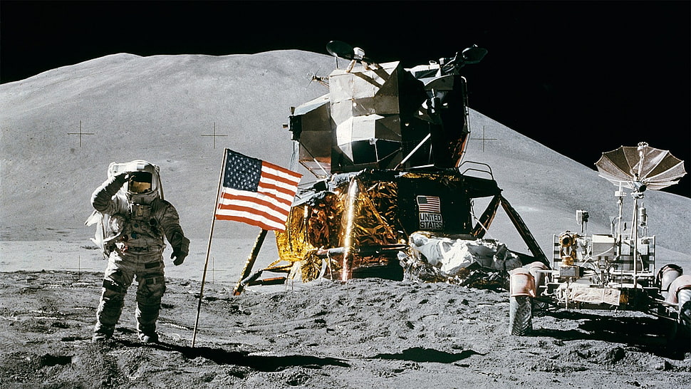USA flag, Moon, space, astronaut, Apollo HD wallpaper