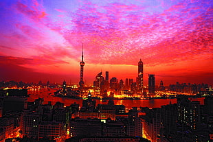aerial view of city buildings, Shanghai, sunset, building