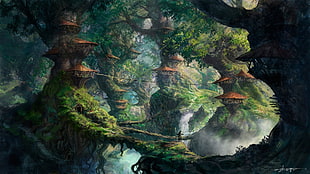 painting of tree houses inside forest, landscape, trees, witch