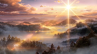 foggy mountain with sunrise HD wallpaper
