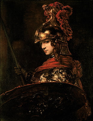 man wearing medieval armour painting, Greek mythology, Athena, Rembrandt van Rijn, classic art
