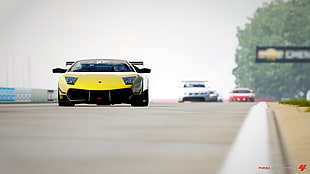 yellow sports car, Lamborghini Murcielago, race tracks HD wallpaper
