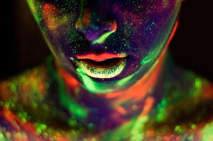green and red abstract painting, face, body paint, neon, juicy lips HD wallpaper