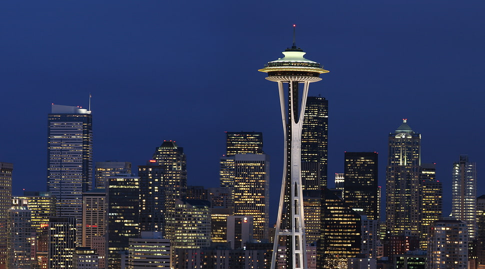 city buildings during night time, seattle HD wallpaper