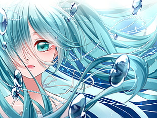 blue haired anime character, Hatsune Miku, aqua hair, aqua eyes
