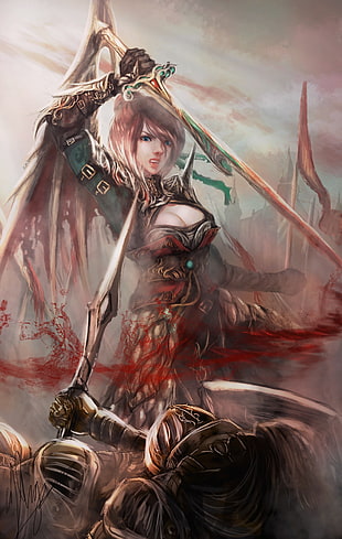 woman holding sword with blood digital poster HD wallpaper