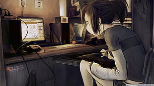 women's gray and white sweatshirt, computer, artwork, anime girls, anime HD wallpaper