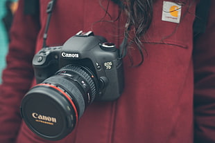 black Canon EOS on red surface
