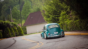 green Volkswagen Beetle on gray asphalt road during daytime