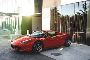 red Lamborghini parked near glass wall HD wallpaper
