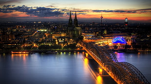 aerial photo of illuminated city, cityscape, bridge, building, HDR