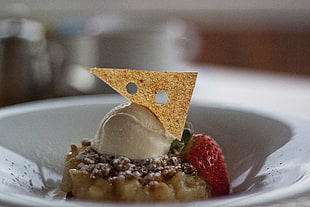 white ice cream scoop beside strawberry, pear