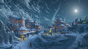 snowy village illustration, artwork, painting, architecture, building HD wallpaper