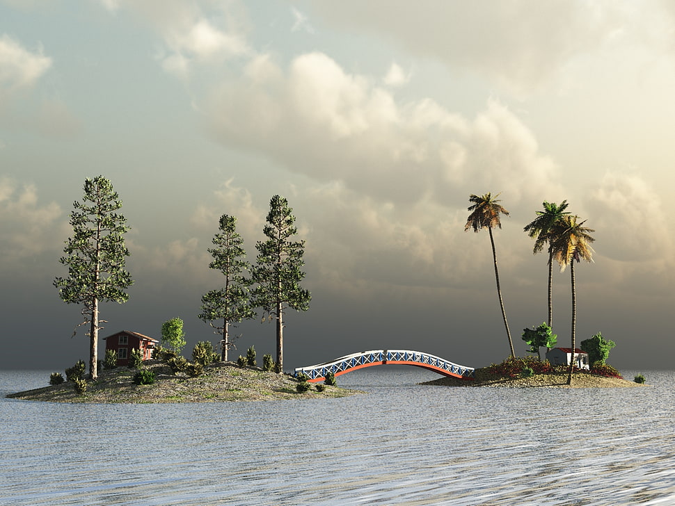 metal bridge between two islands HD wallpaper