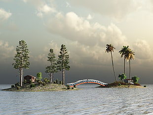metal bridge between two islands HD wallpaper