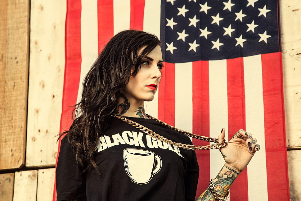 silver-colored chain necklace, model, tattoo, flag HD wallpaper