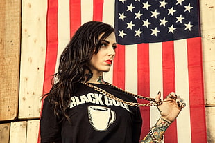 silver-colored chain necklace, model, tattoo, flag