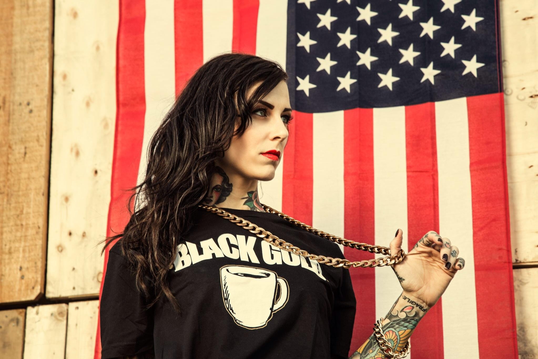 silver-colored chain necklace, model, tattoo, flag