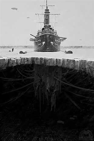 grayscale photography of ship, surreal, artwork, concept art, Alexey Andreev