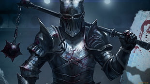 person wearing armor suit and helmet while holding flail digital wallpaper, warrior, armor, knight, blood