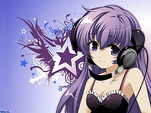 purple haired female anime character illustration