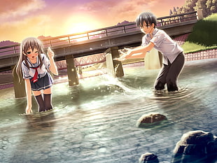 man and woman playing in water near bridge anime characters