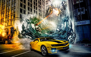 yellow Chevrolet Camaro SS coupe wallpaper, city, cityscape, vehicle, movies HD wallpaper