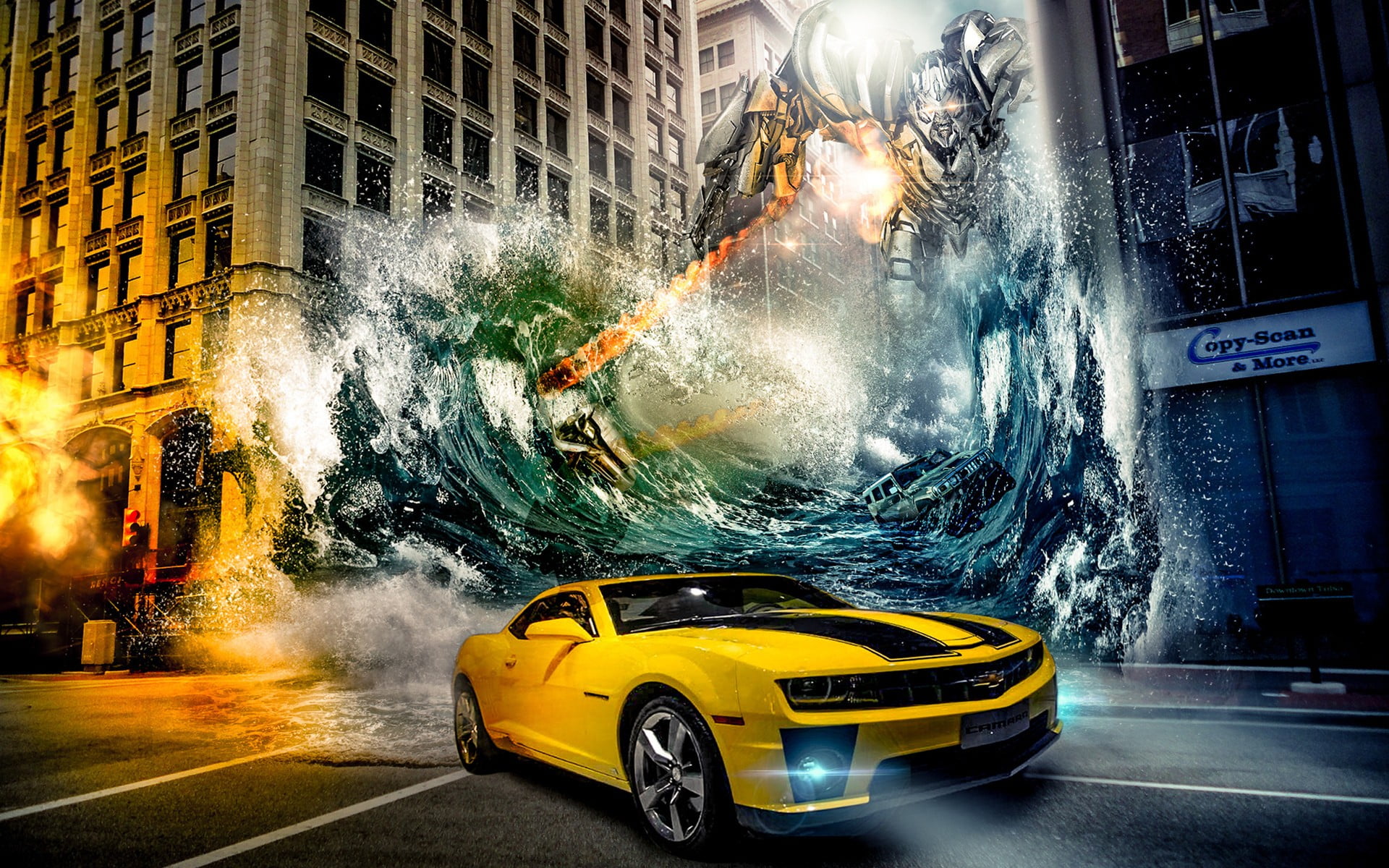 yellow Chevrolet Camaro SS coupe wallpaper, city, cityscape, vehicle, movies