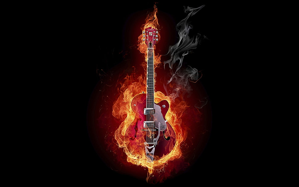 red jazz guitar in on fire illustration HD wallpaper