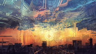 blue, yellow, and black abstract painting, artwork, circuits, Android Jones