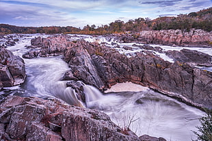high angle photography of a cascading waterfalls near rock formations, potomac river HD wallpaper