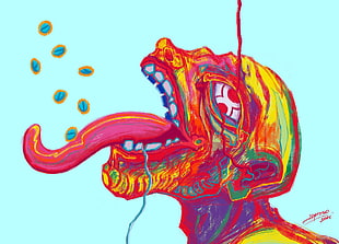 yellow and red man eating tablets painting, digital art, drugs, colorful, skull