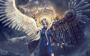 angel with black and white wings digital wallpaper, angel, wings, digital art, long hair