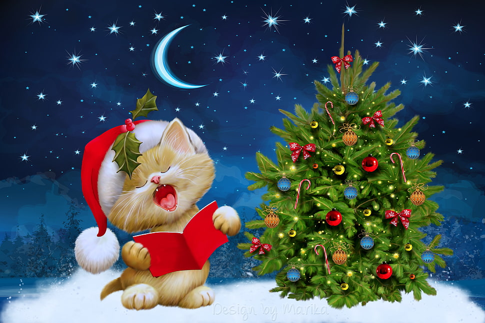 orange tabby cat singing beside a Christmas tree illustration HD wallpaper